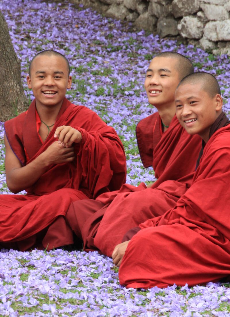 Young monks among flowers in central Bhutan